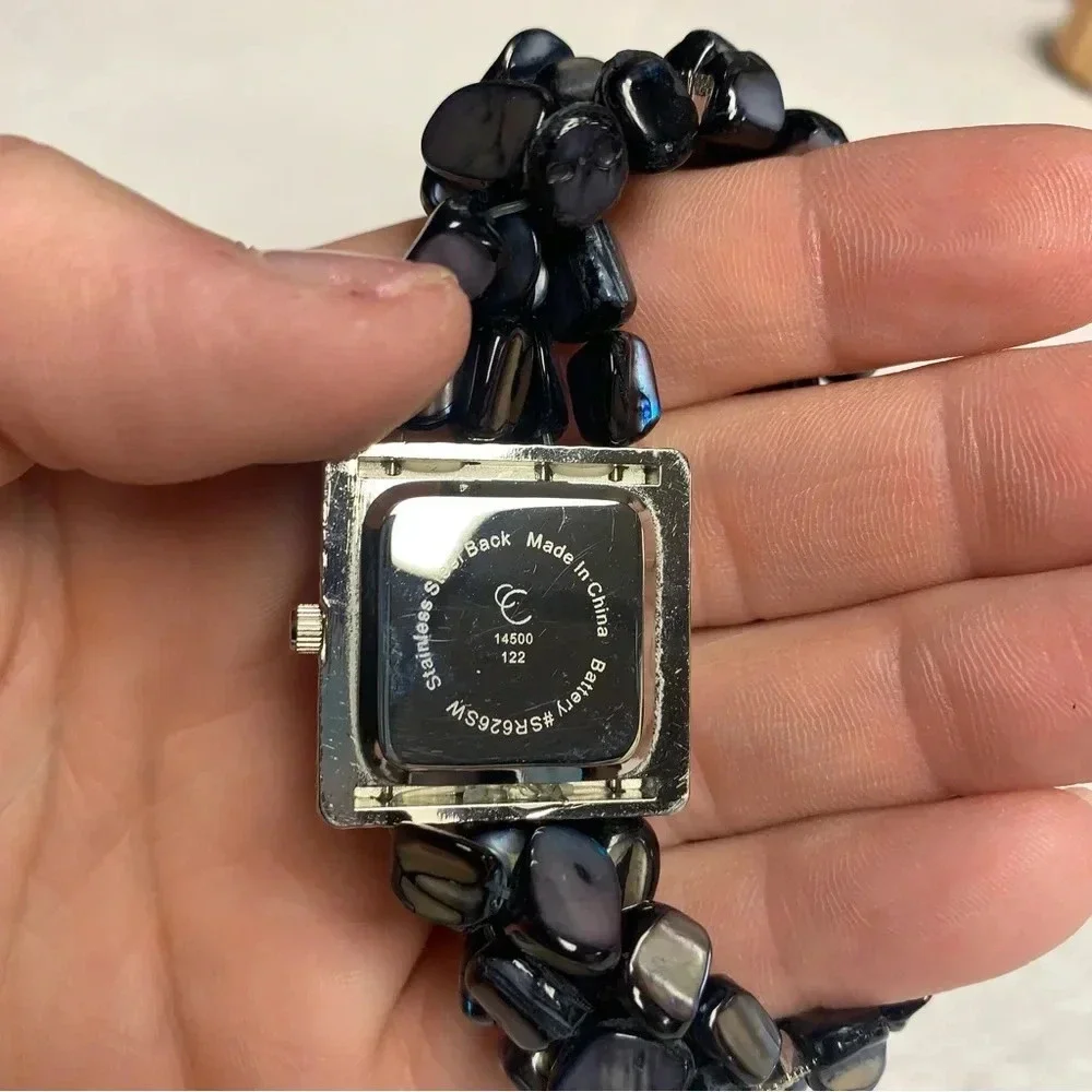 Women’s stretchy watch bracelet dark blues stones and square face